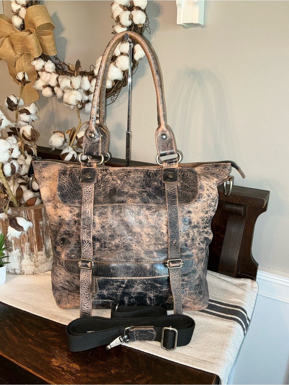 Bed Stu Leather Big Fork Crossbody Tote Shoulder Bag Black Lux  MSRP $365